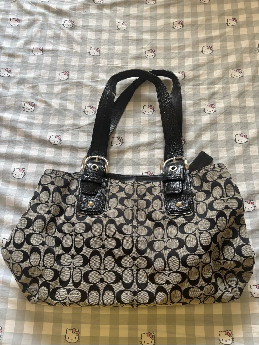 Coach Signature Canvas Shoulder Bag in Black and Beige